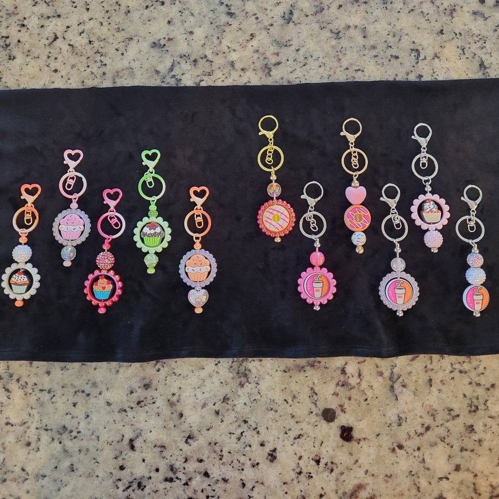 Coffee doughnuts and cupcakes beaded keychain purse backpack phone fob festival